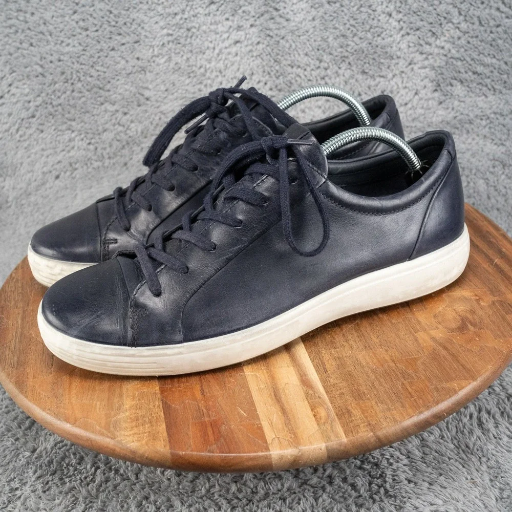 ECCO Men's 10 Navy Leather Lace-Up Sneakers White Sole Casual Comfort